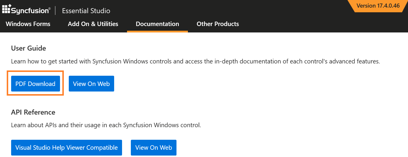 Download option in the Syncfusion control panel