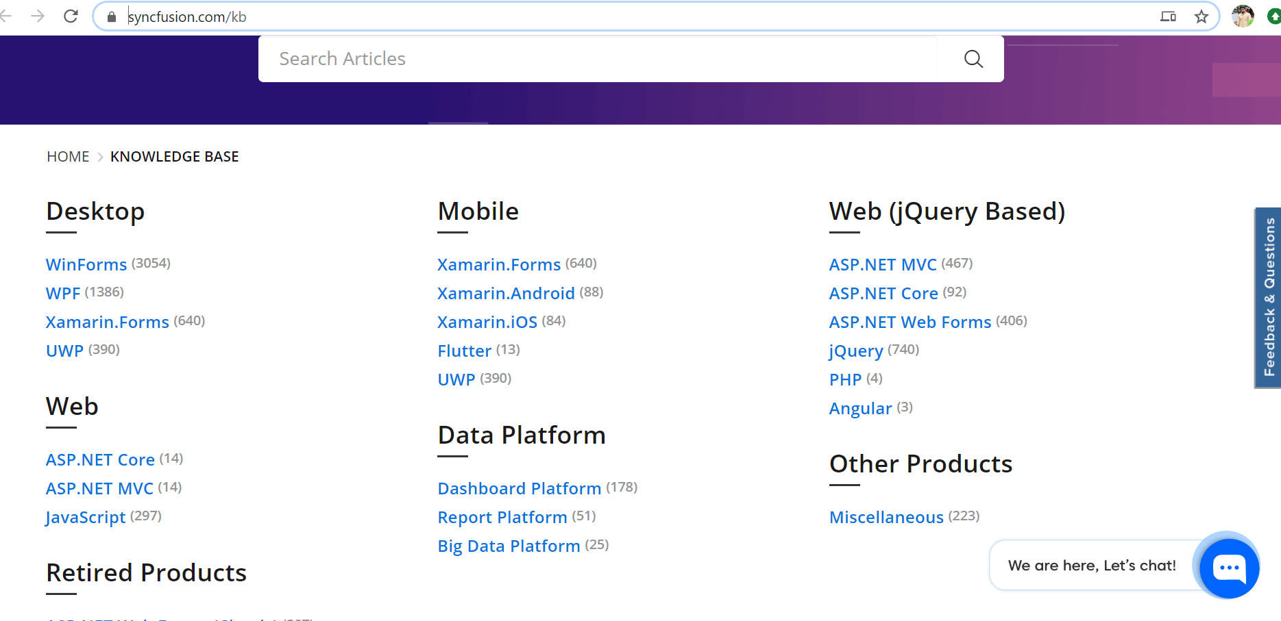 Knowledge base articles categorized by platform