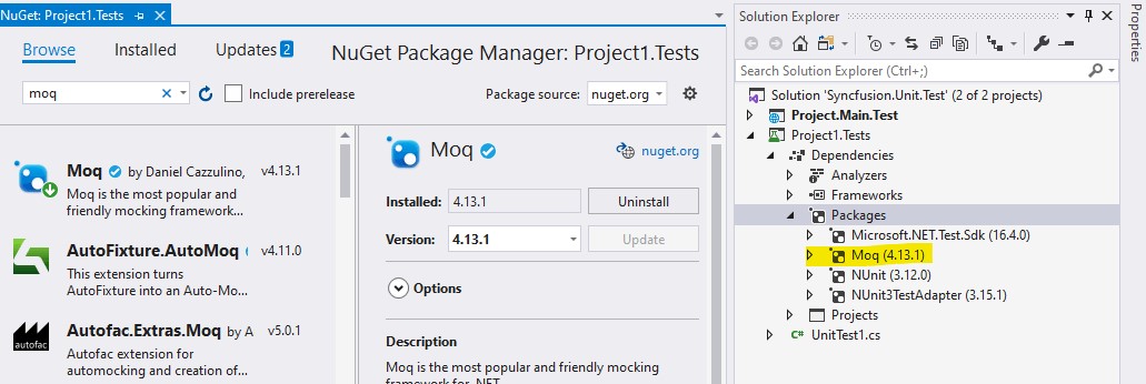 Installing Moq NuGet package