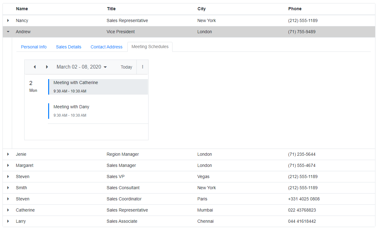 Display meeting schedules in a child data grid in Blazor