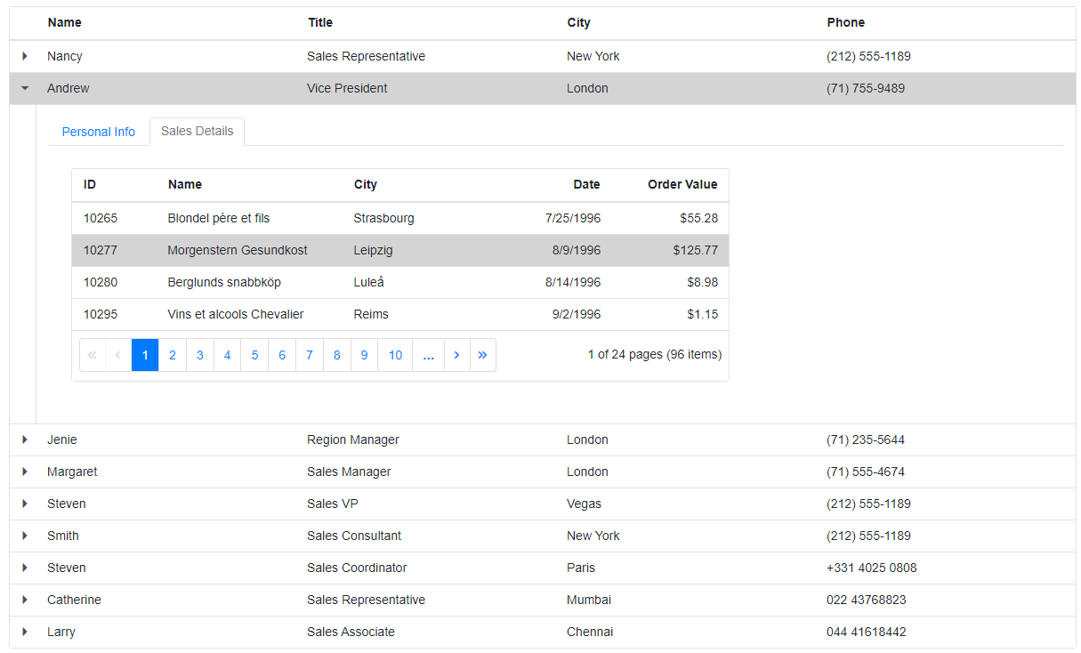 Display order details in a child data grid in Blazor