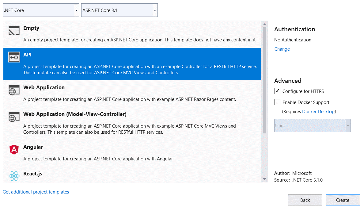 Select .NET Core, ASP.NET Core 3.1, API Template