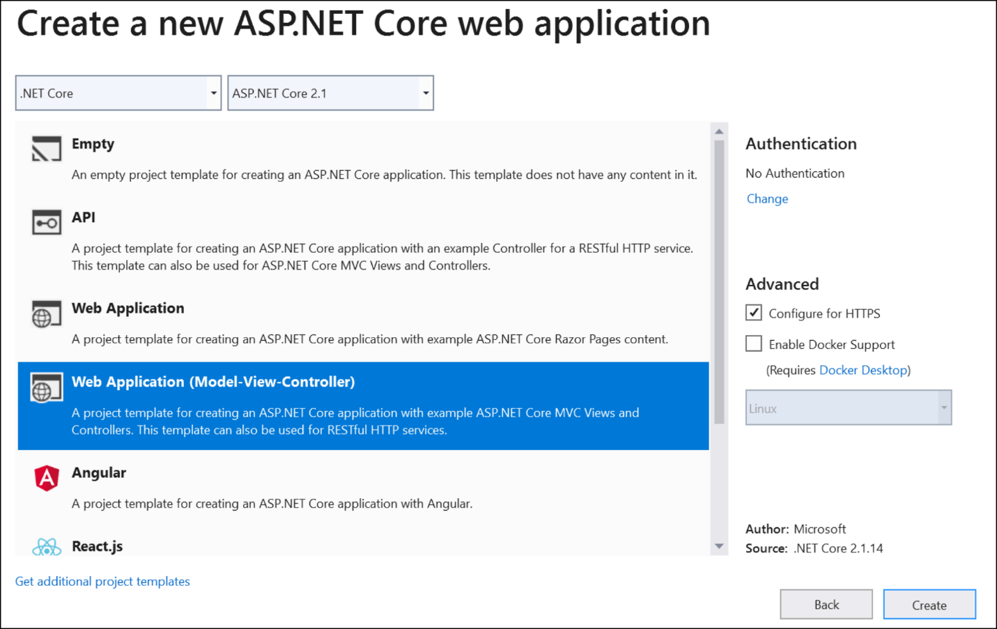 Create a new ASP.NET Core Web application dialog box