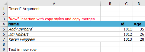 Output of data exported with row insertion