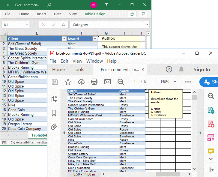 Notes section in Excel-to-PDF