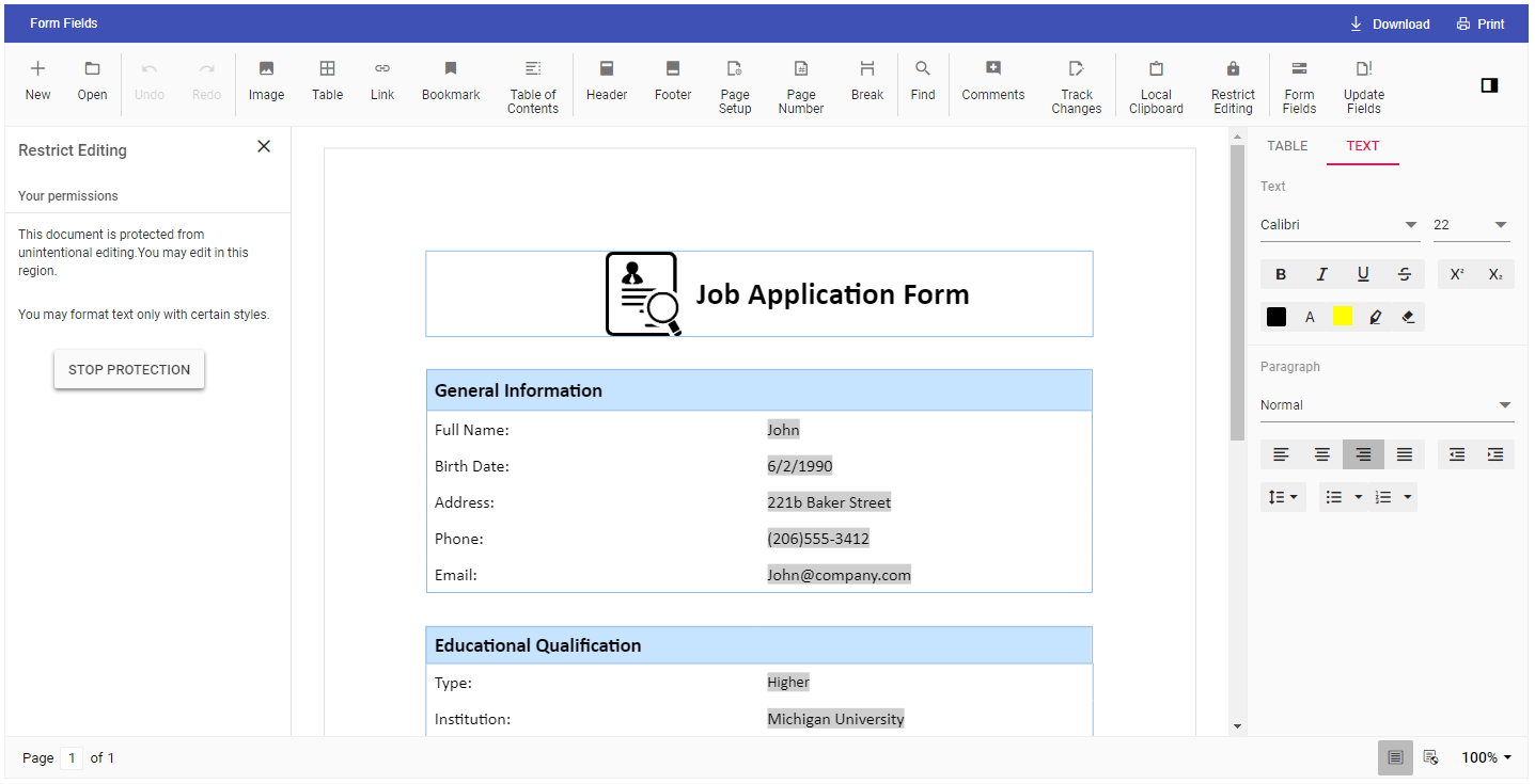 Form Fields in Word Processor