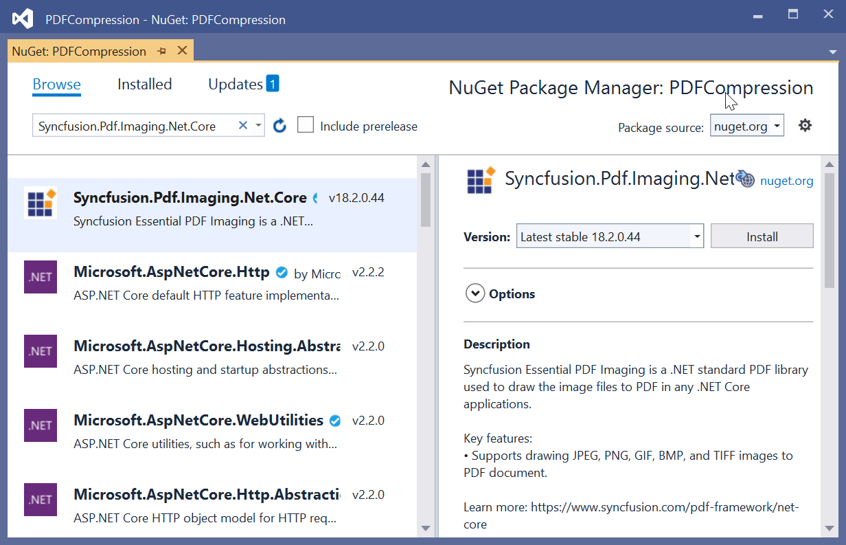 Search for the Syncfusion.Pdf.Imaging.Net.Core package and then install it.