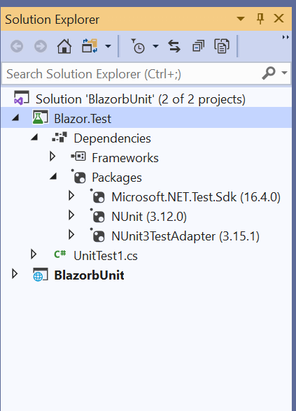 Solution Explorer showing the Blazor.Test Project