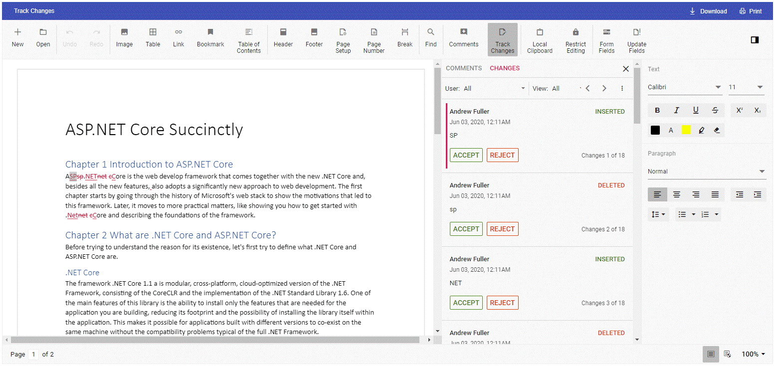 Track changes feature in Word Processor