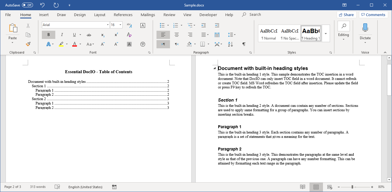 A Table of Contents Created with Built-in Heading Styles