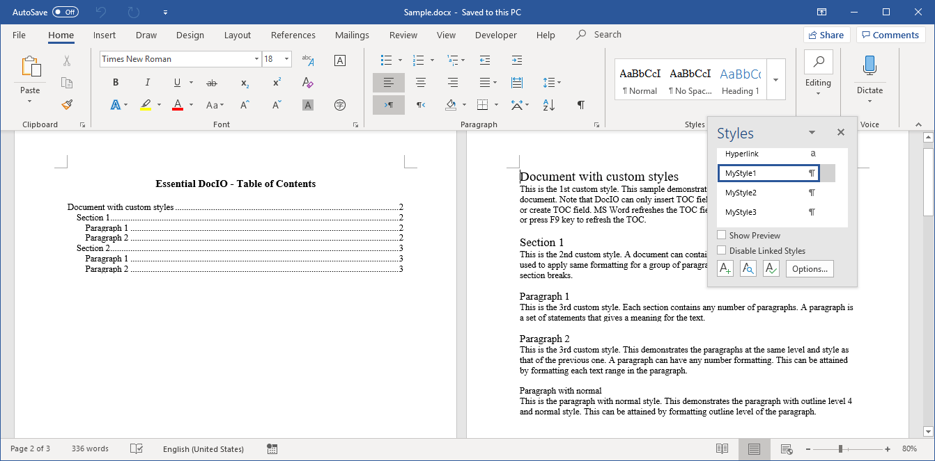 A Table of Contents Created with Custom (User-Defined) Styles