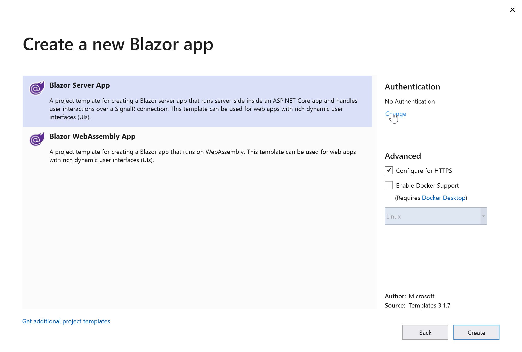 Choose Blazor Server App and select the Change option from the Authentication section