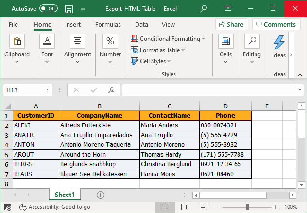 Excel document with HTML table