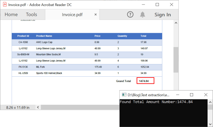 Find invoice total amount in PDF with regex