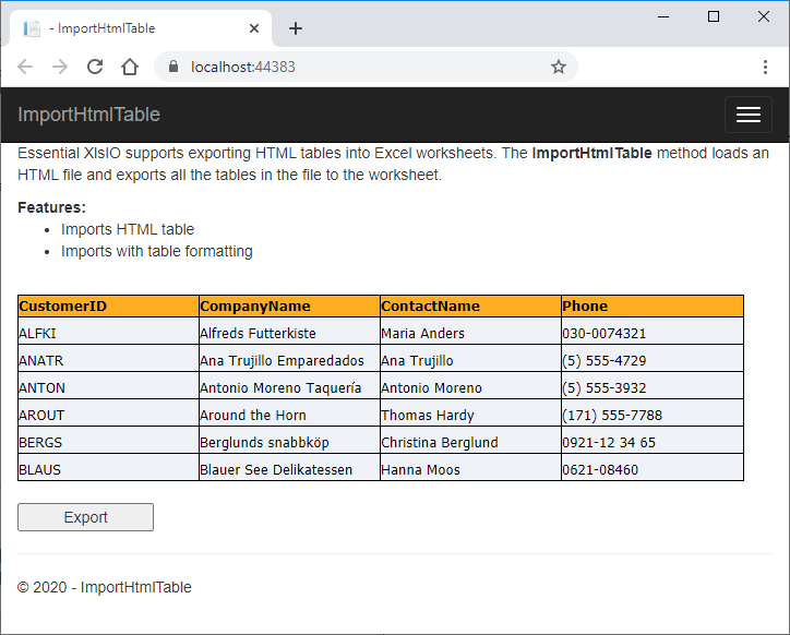 Input webpage with HTML table