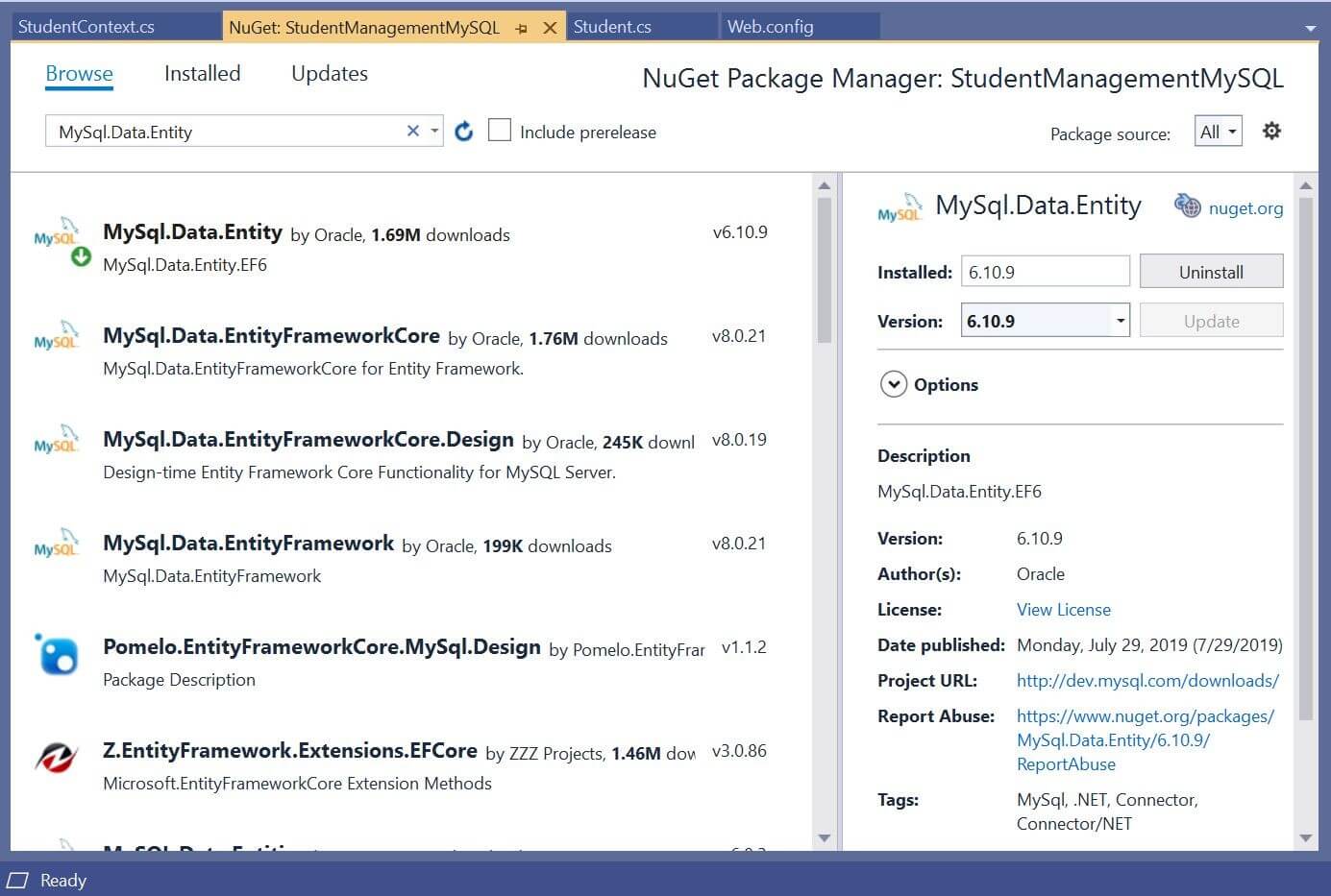 Install the NuGet package MySql.Data.Entity