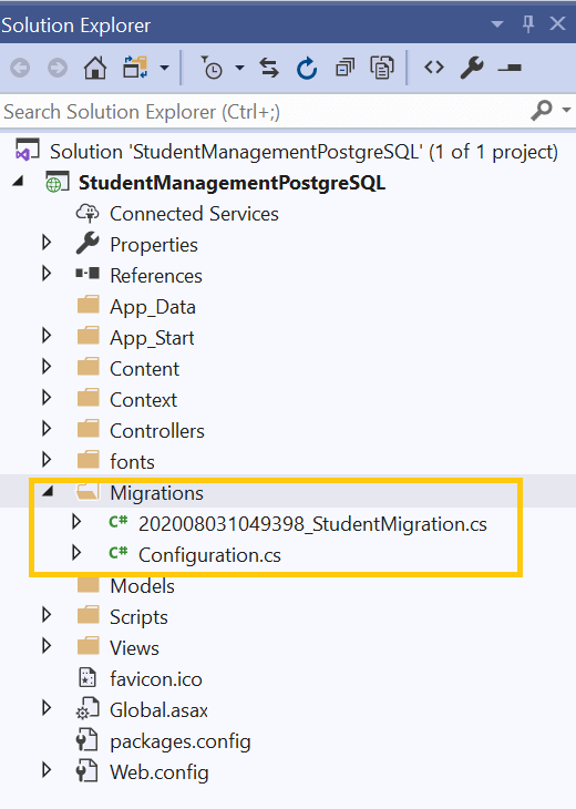 Migrations folder showing the list of files
