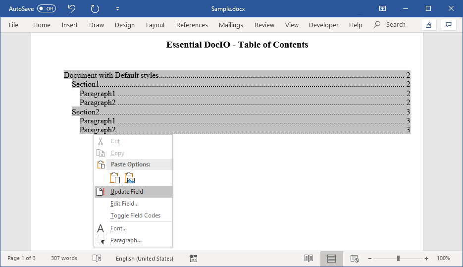 Updating Table of Contents in a Word Document