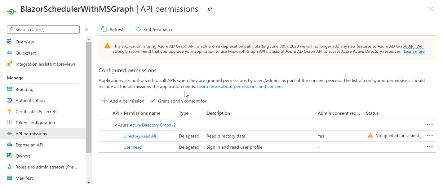 switch to the API permissions section