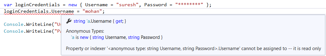 Code showing an error message while altering the username and password