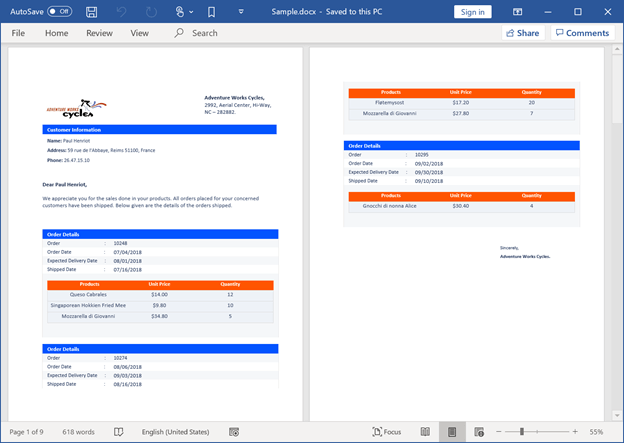 Purchase order report created using mail merge in Java