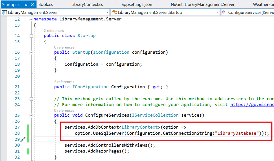 Configure the DbContext using a connection string and register it as a scoped service using the AddDbContext method in Startup.cs