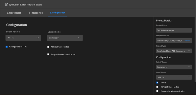 In the Configuration tab, choose the .NET Core version and themes, and then click Create