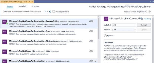 Install the NuGet package Microsoft.AspNetCore.Authentication.AzureAD.UI