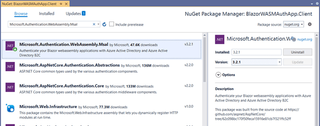 Install the NuGet package Microsoft.Authentication.WebAssembly.Msal