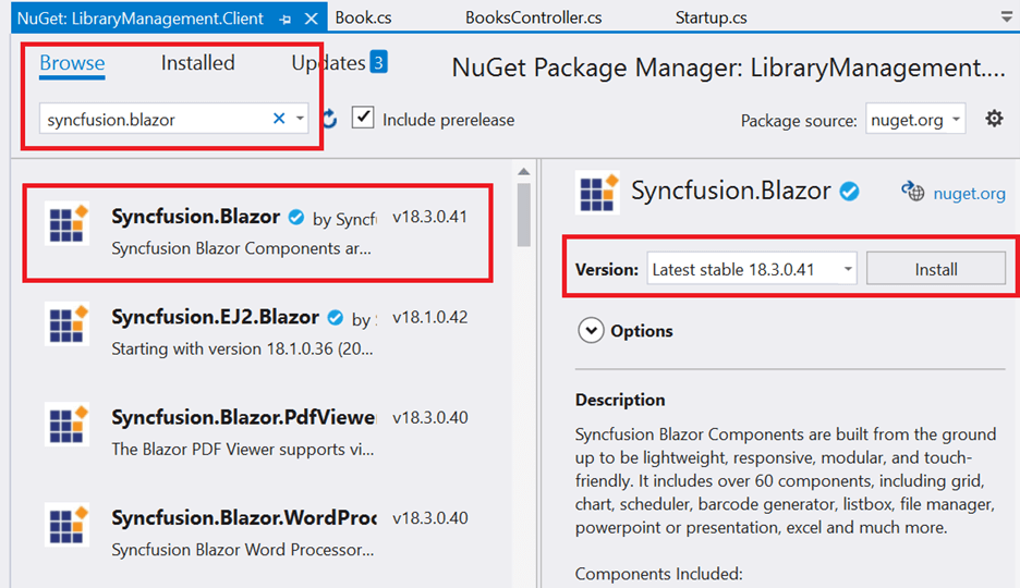 Install the Syncfusion.Blazor NuGet package