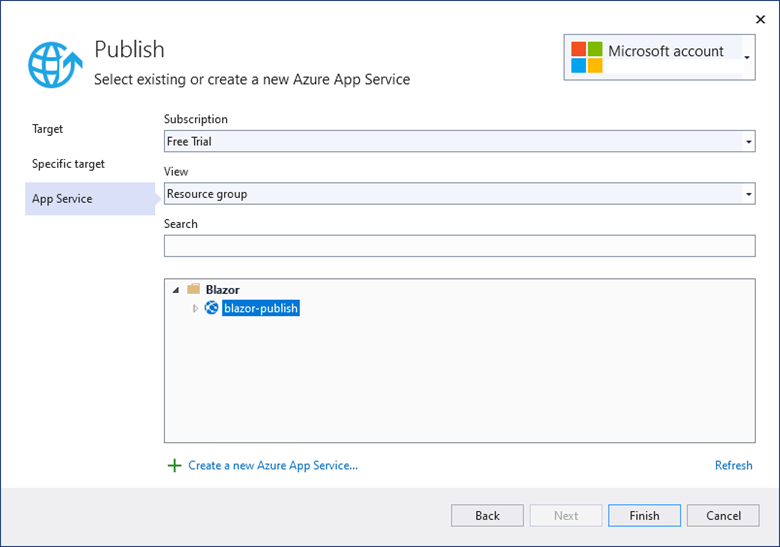 Login into your Azure account and choose the web app service. Then, click Publish
