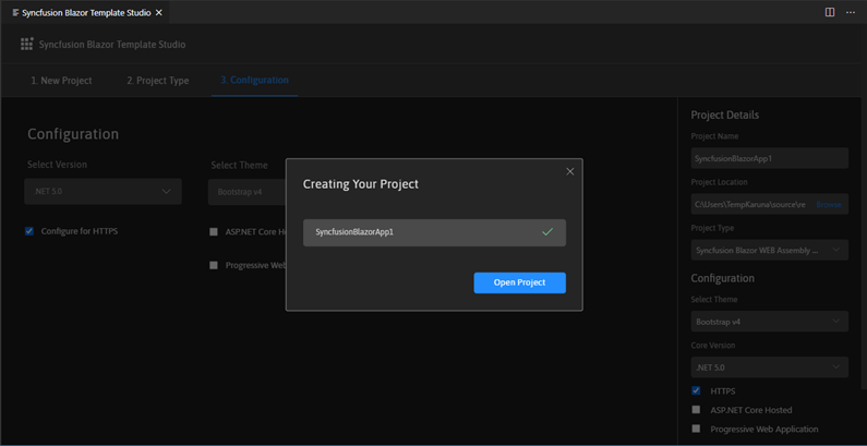 Once the project is created, you can open it by clicking Open Project