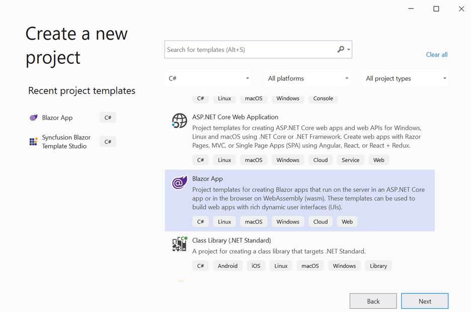Open Visual Studio 2019 Preview, select Create a New Project, select Blazor App, and then click Next