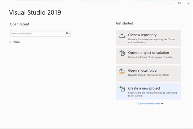 Open Visual Studio 2019 and choose Create a new project