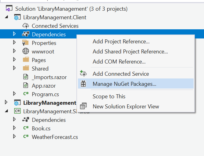 Right-click on Dependencies and select Manage NuGet Packages