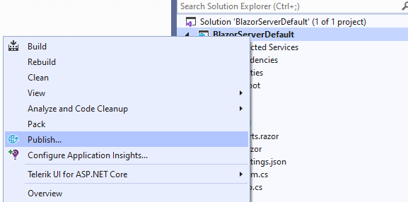 Right-click the project and click Publish in the context menu