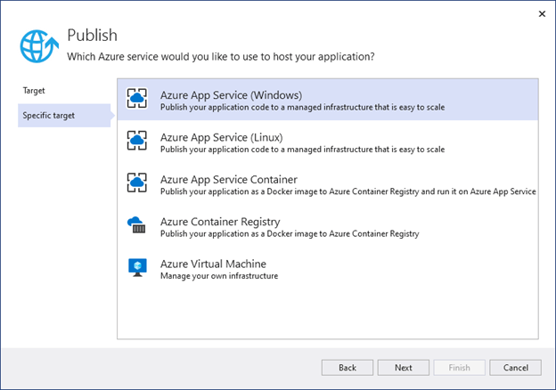 Select Azure App Service (Windows) as the specific target