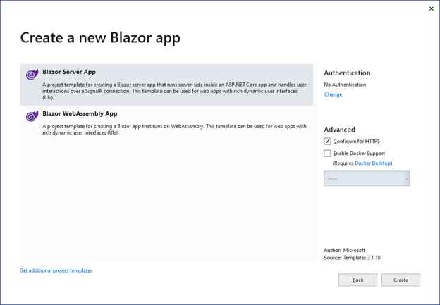 Select Blazor Server App and click Create to complete the application creation