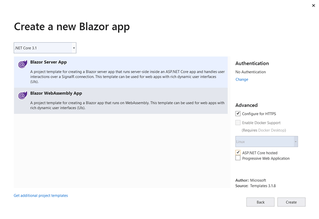 select Blazor WebAssembly App from the list and check the Configure for HTTPS and ASP.NET Core hosted check boxes