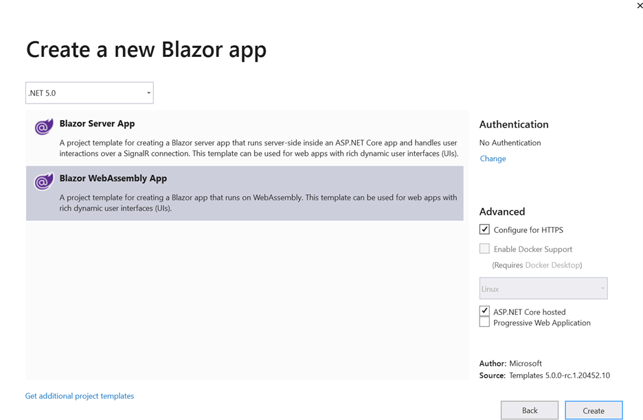 Select the Blazor WebAssembly App project template and select the ASP.NET Core hosted check box