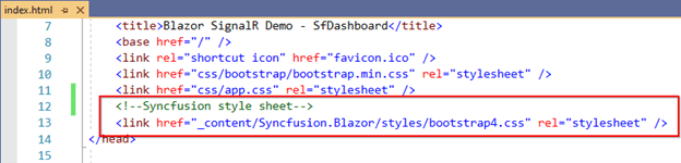 Add the Syncfusion style sheet in the index.html page’s head section.