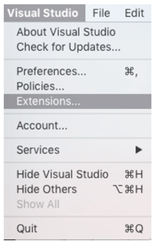 Click on the Visual Studio menu and select Extensions….