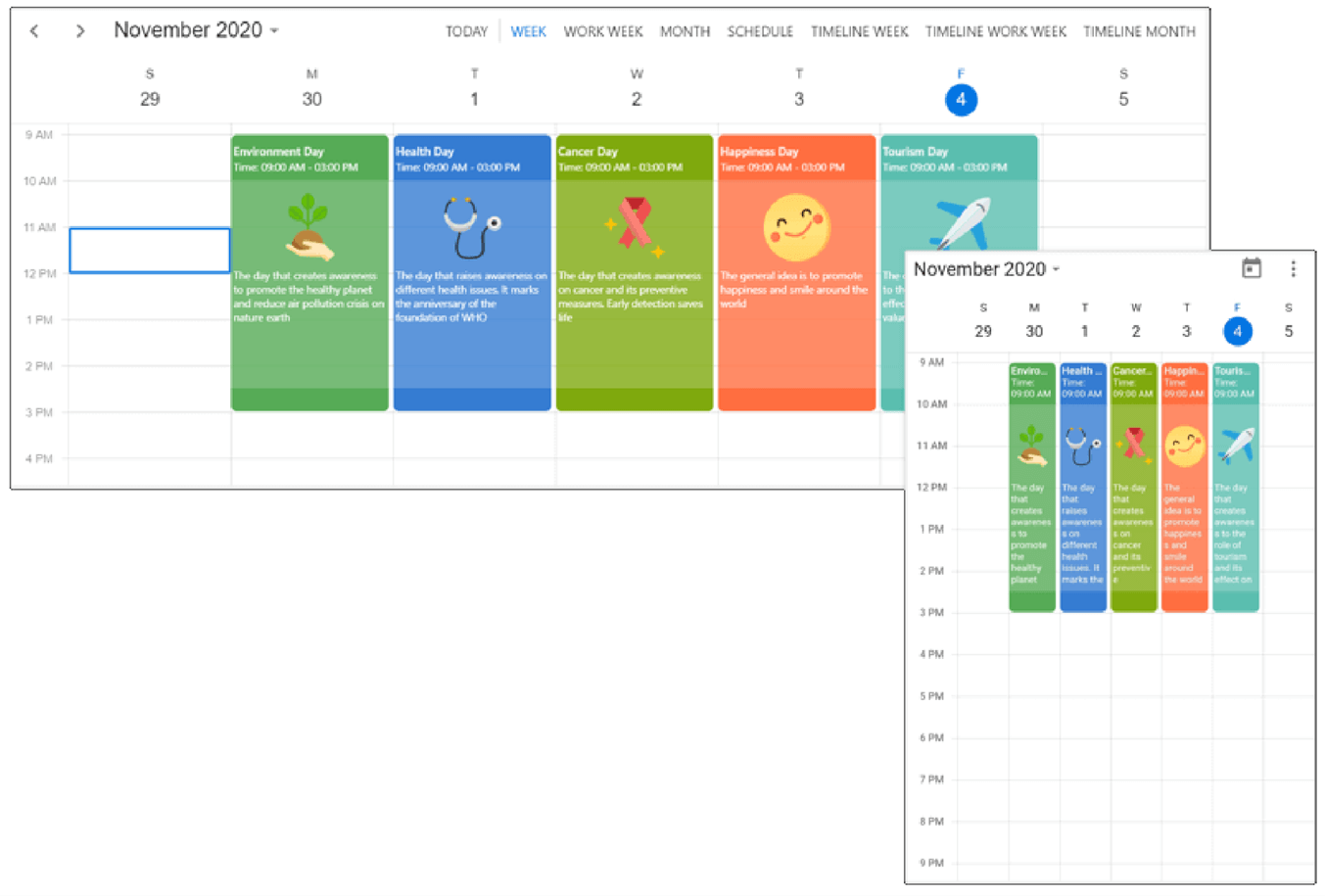 Custom UI design for events, appointments, and special time region