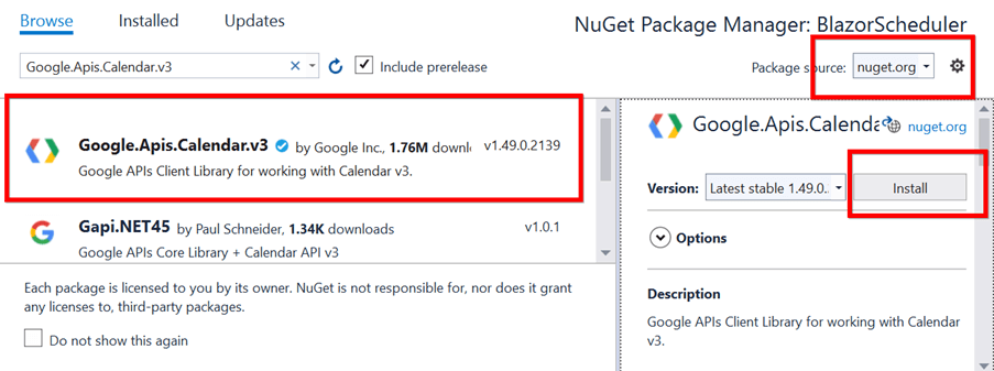 Install the Google.Apis.Calendar.v3 NuGet package