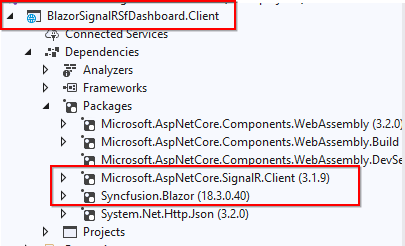 Install the NuGet packages Microsoft.AspNetCore.SignalR.Client and Syncfusion.Blazor