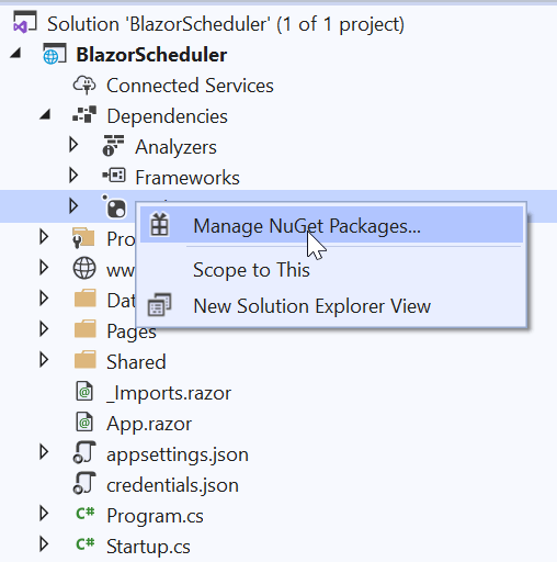 Right-click on Dependencies and select Manage NuGet Packages.