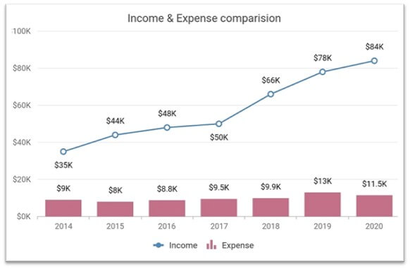 Line series showing the income and column series showing the expenses in the same chart.