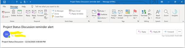 Reminder notification email sent to Outlook