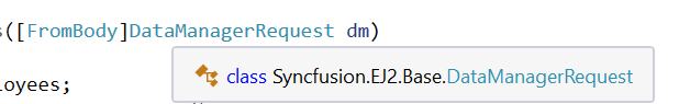 The modal object class DataManagerRequest is referenced from the library using Syncfusion.EJ2.Base.