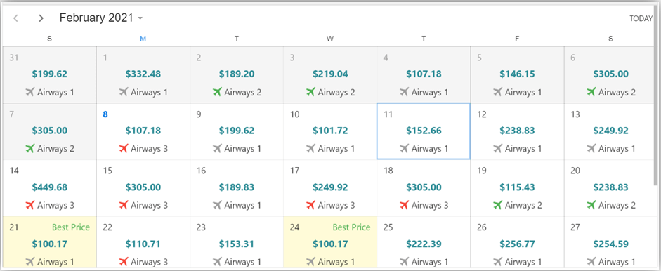 Airfare calendar showing the cheapest fares among the listed airlines